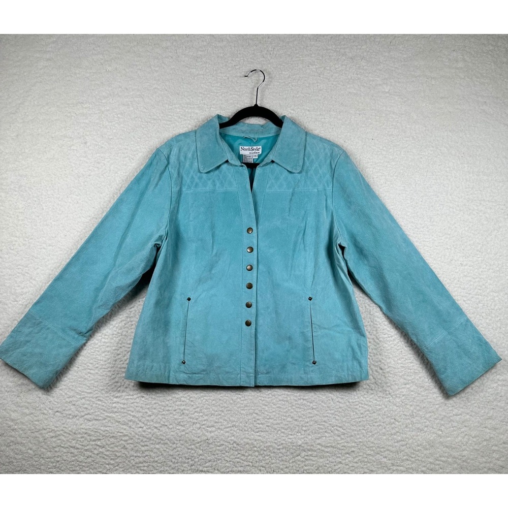 NorthStyle Suede Leather Jacket Women Quilted Snap Front XL Turquoise Boho Retro